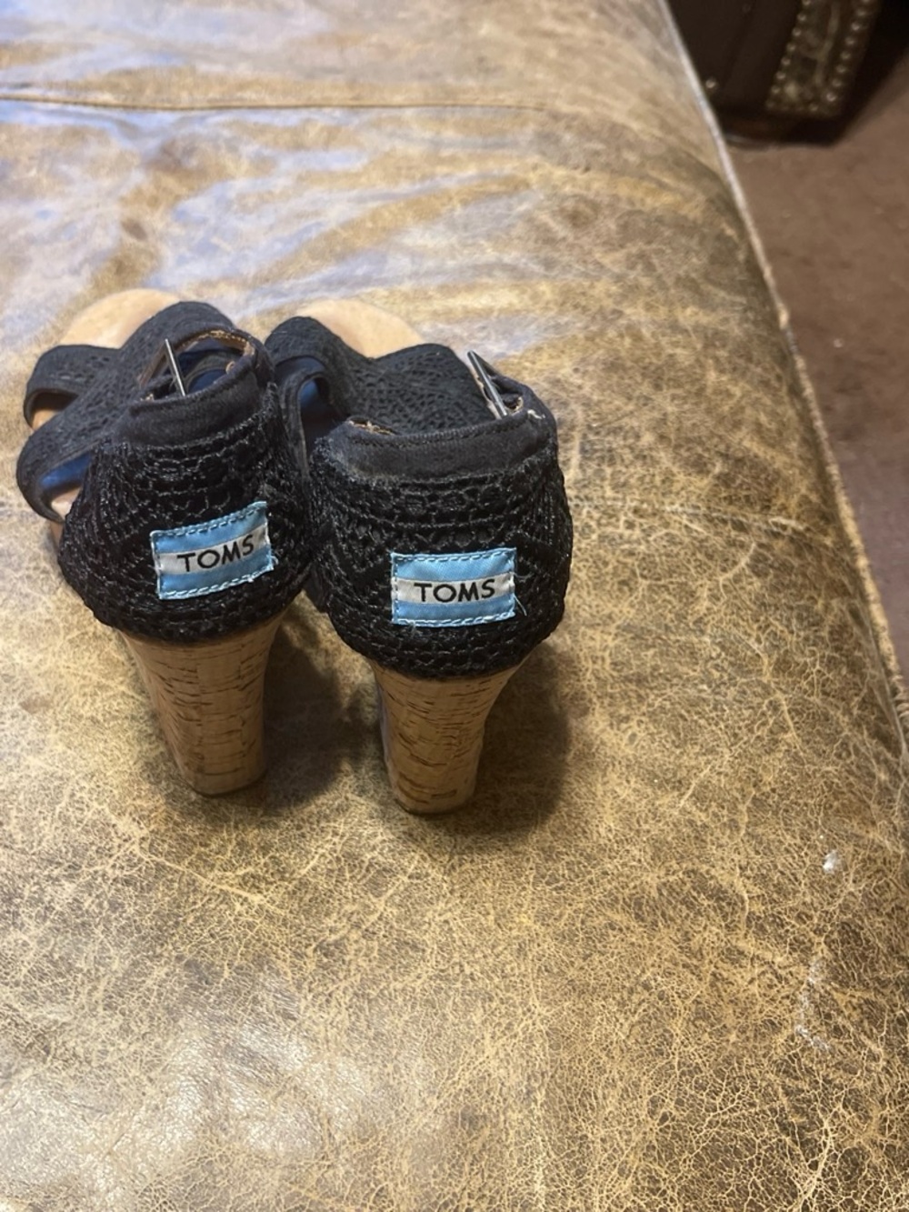 TOMS Black Woven Cork Wedge Sandals with Blue Logo Patch